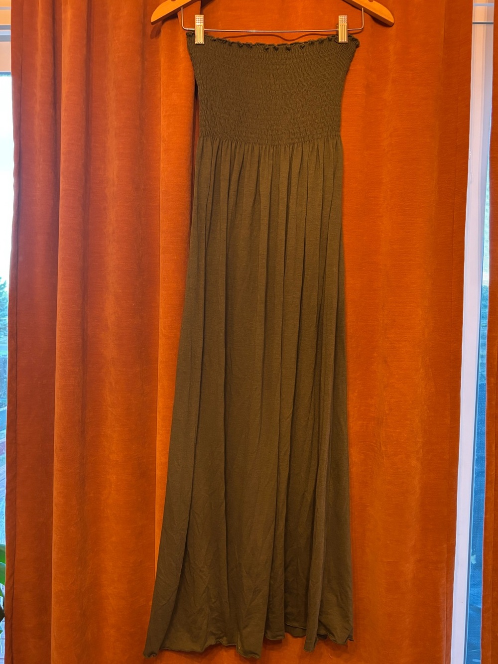 Espresso Olive Strapless Smocked Maxi Dress